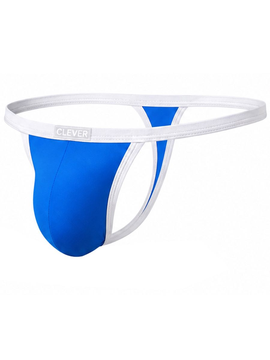 Turquoise minimalist thong with white trim and a Clever logo on the waistband.