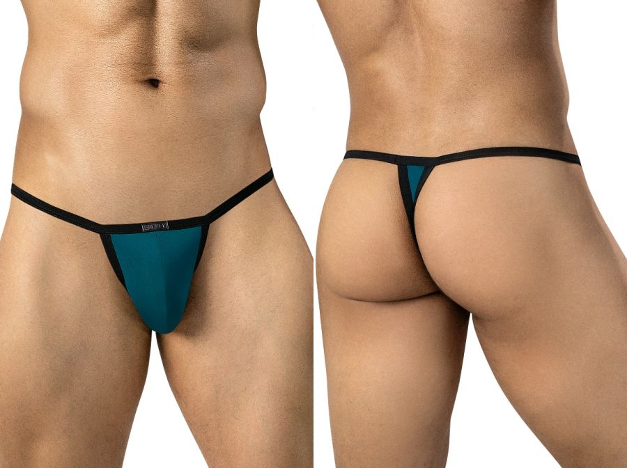 Clever Moda petrol blue sleek thong with black trim worn on front and back.