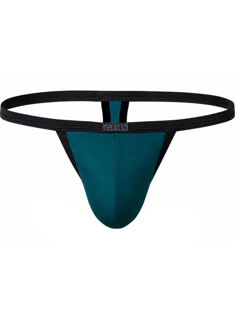 Petrol blue men's sleek thong with black trim and a branded logo tag on the waistband.