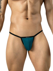 Clever Moda petrol blue sleek thong with black trim worn on a man.