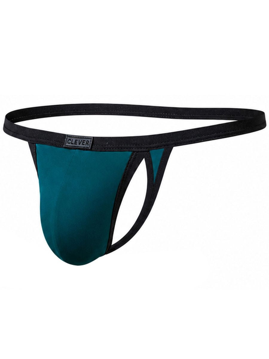 Clever Moda petrol blue sleek thong with black waistband and side cutouts, featuring a front logo patch.