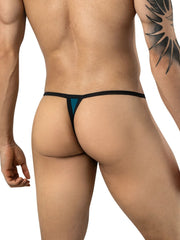 Rear view of a man wearing petrol blue thong underwear with thin black waist and back straps.