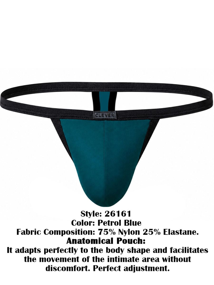 Petrol blue men's sleek thong with black waistband and a branded logo patch on the front center.