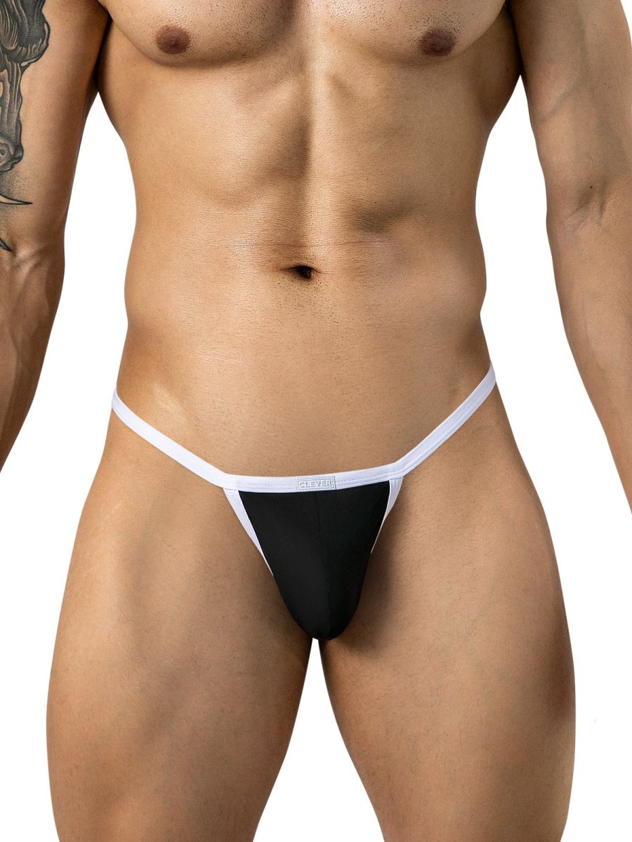 Clever Moda black thong with white trim worn by a man.