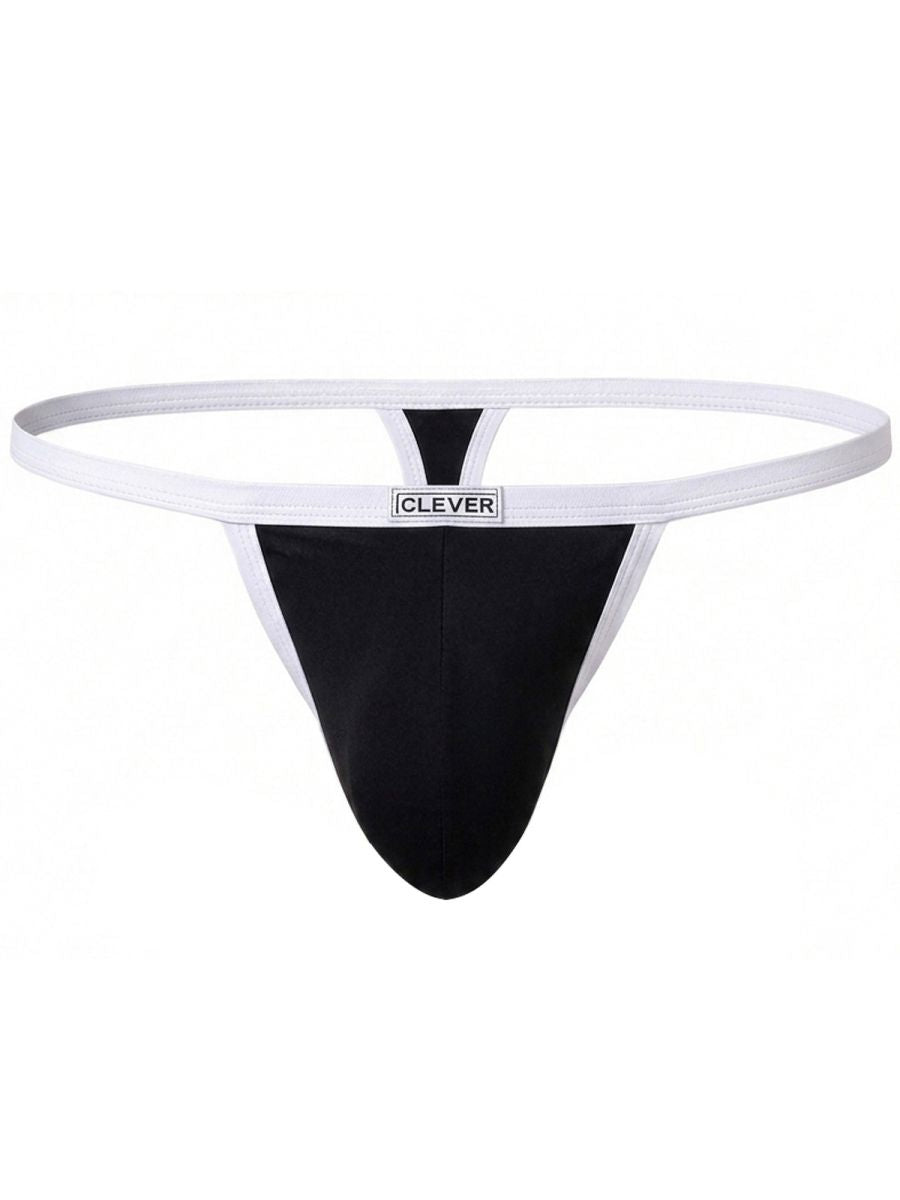 Clever black thong with white trim, waistband, and a branded logo tag centered on the front.