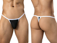 Clever Moda black thong with white trim, shown from front and back on a model.