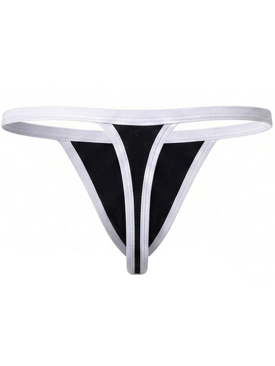 Clever Moda black thong with contrasting white trim and waistbands, front view on white background.