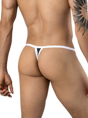 Rear view of a man wearing a black and white thong underwear.