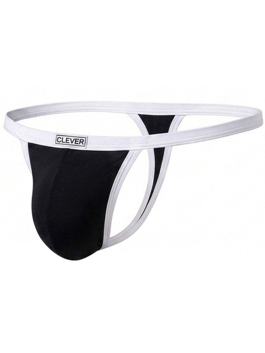 Clever Moda black thong with white trim and a branded waistband on a white background.