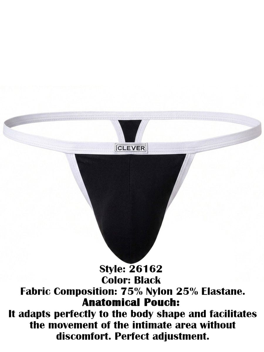 Clever Moda black thong with white trim and waistband featuring a centered branded logo patch.
