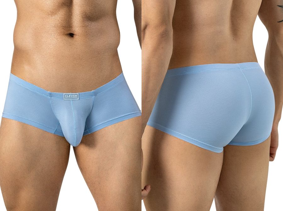 Front and back views of light blue ribbed trunks with a small Clever logo tag on the waistband.