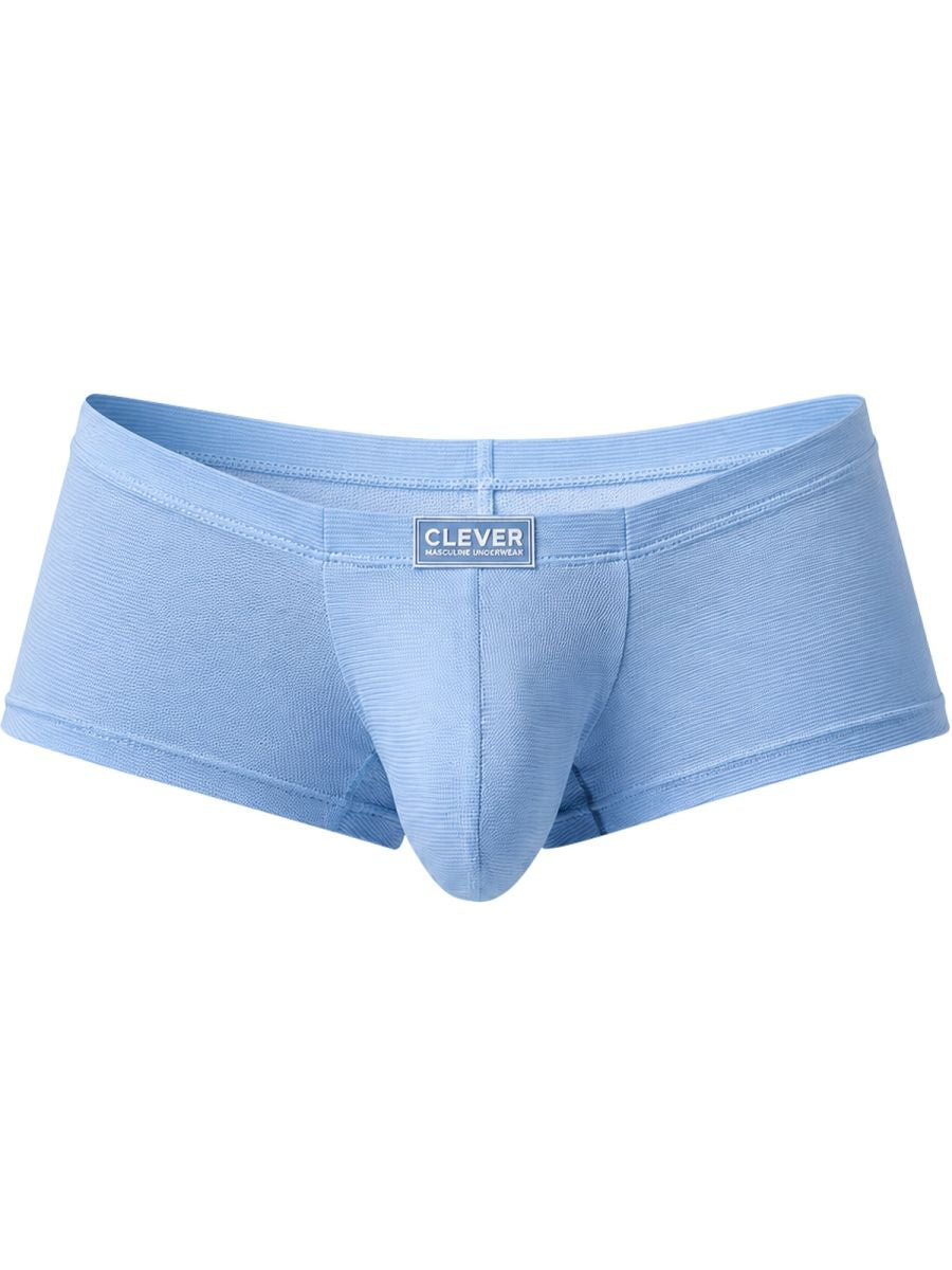 Clever Moda light blue textured Cronos trunks with center waistband logo tag.