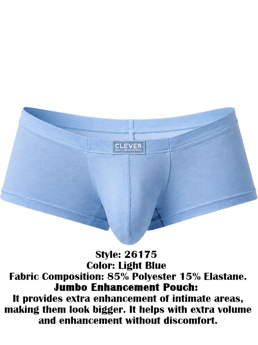 Clever Moda light blue Cronos trunks with textured fabric, contoured pouch, and centered brand logo on the waistband.