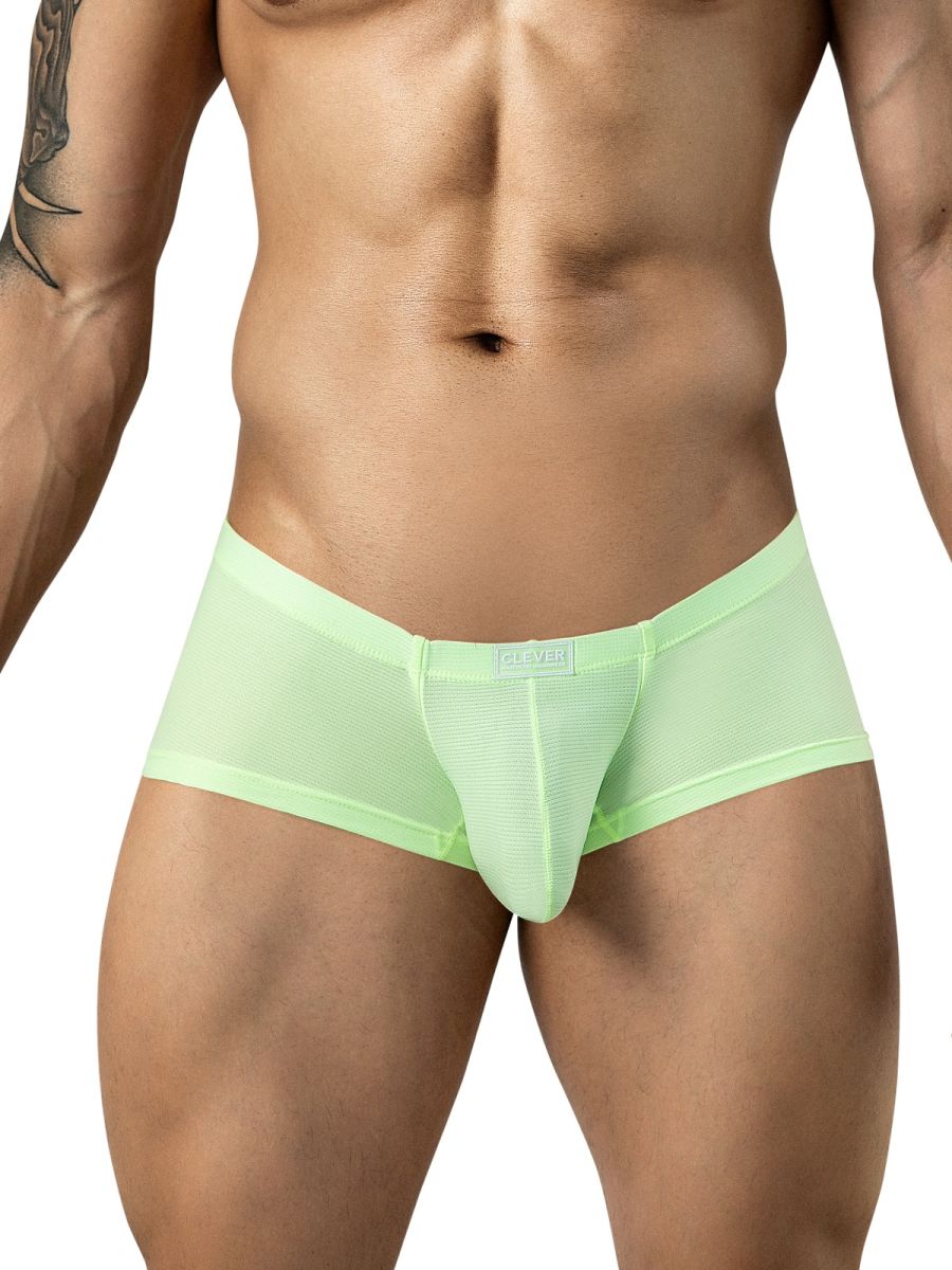 Clever Moda neon green mesh trunks with a small white logo tag on the waistband.