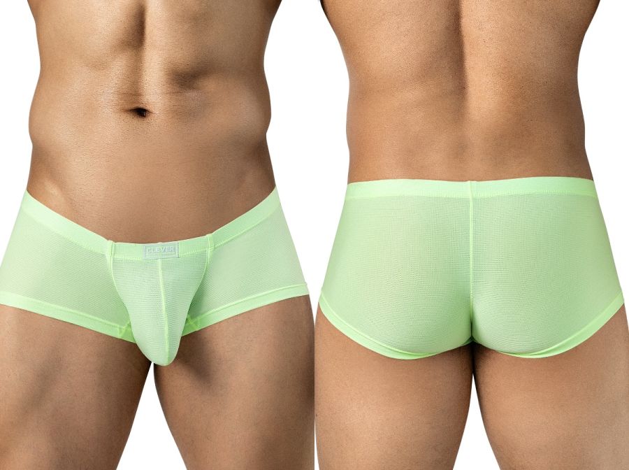 Neon green Clever Moda Cronos trunks worn on a male model, front and back views.
