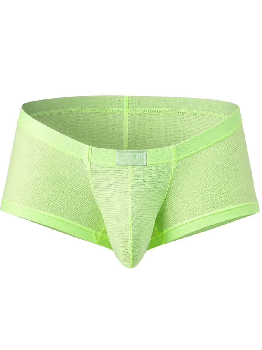 Neon green Clever Moda Cronos trunks featuring a textured mesh fabric and a small logo patch on the waistband.