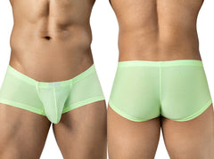 Neon green Clever Moda Cronos trunks worn on a male model, front and back views.