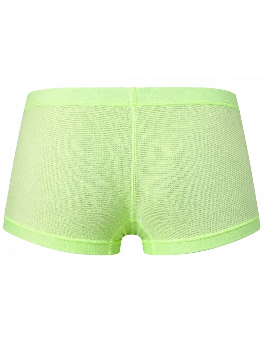 Clever Moda neon green Cronos trunks back view, showing textured ribbed fabric and elastic waistband.