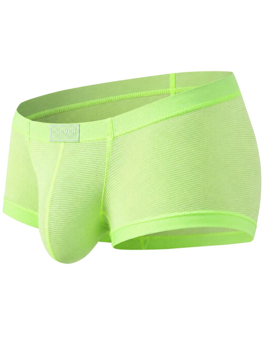 Neon green Clever Moda Cronos trunks with a textured knit fabric and a small brand logo on the waistband.