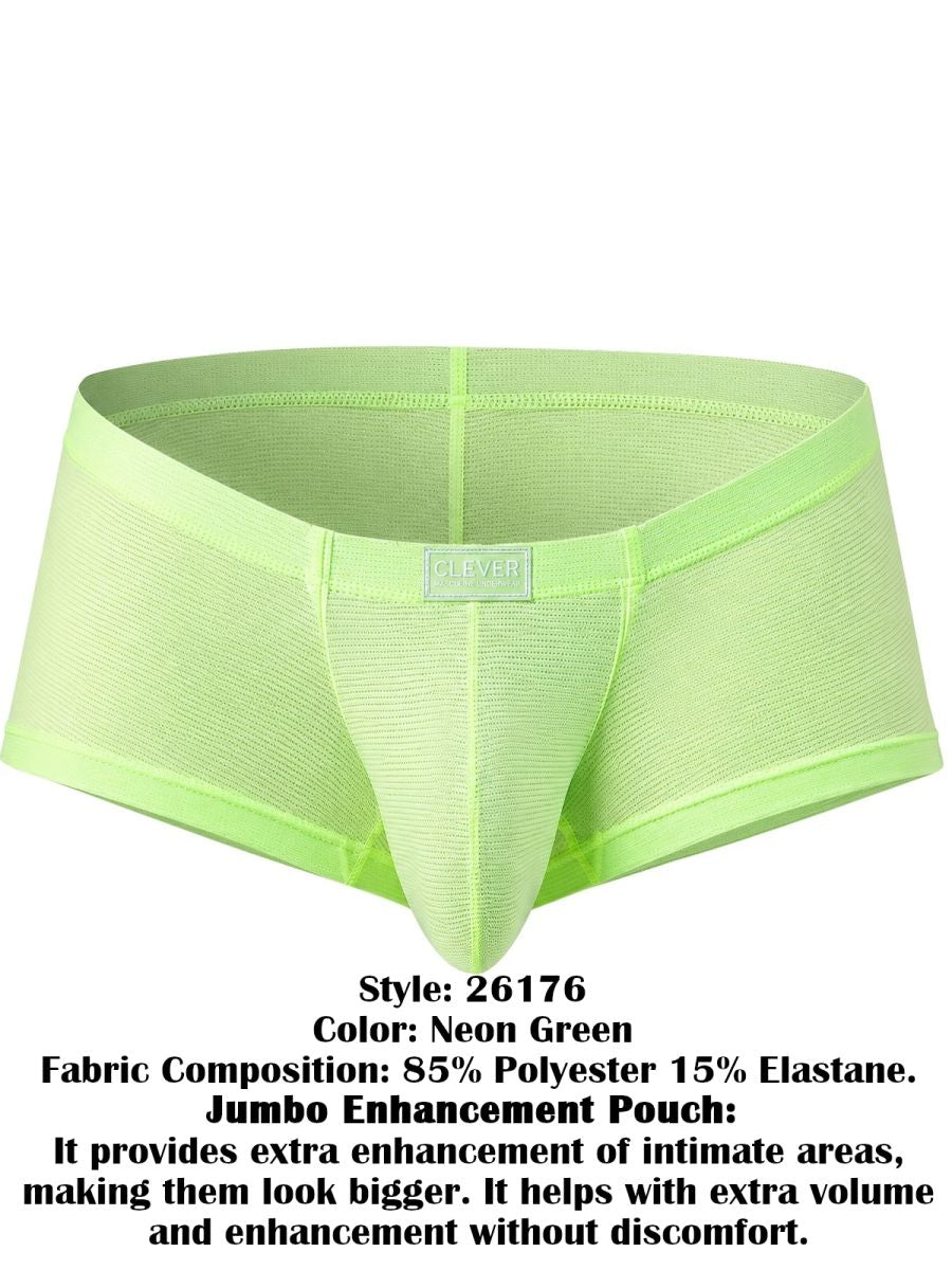 Clever Moda neon green Cronos trunks with an engineered mesh fabric, supportive contoured pouch, and center logo label.