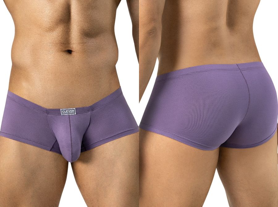 Clever Moda lilac trunks with front and rear views, featuring textured fabric and a small logo tag.
