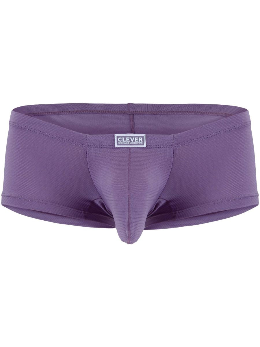 Lilac men's trunks with textured fabric, contoured front pouch, and a centered Clever brand logo tag on the waistband.