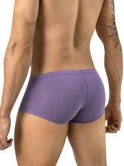 Rear view of a man wearing lilac textured trunks with a fitted cut.