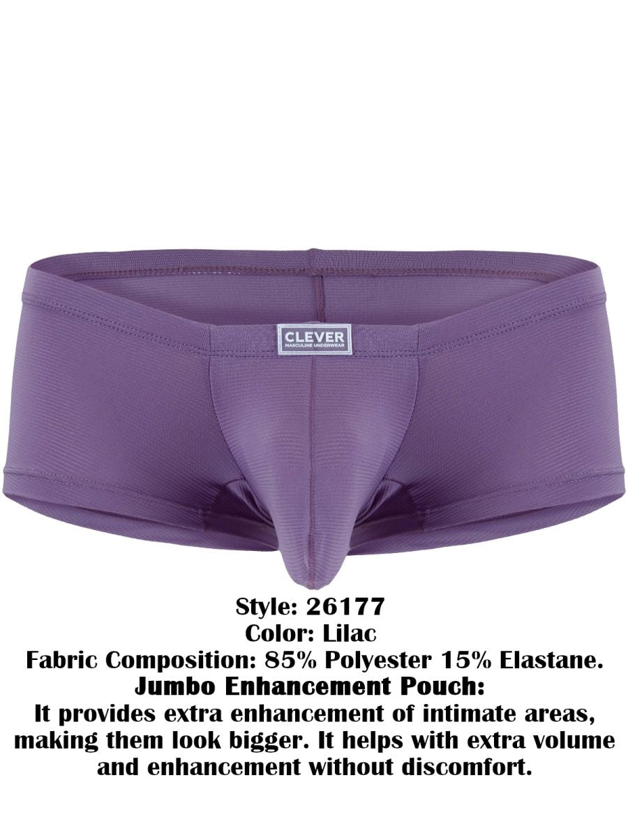 Clever Moda lilac trunks with a distinct front pouch and a small white brand logo on the waistband.