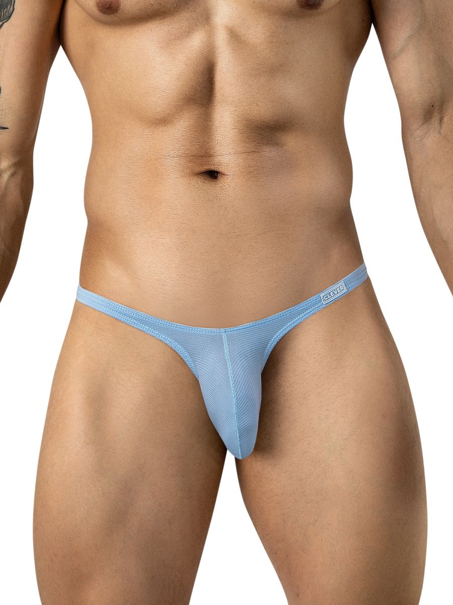 Clever Moda light blue Cronos briefs with thin side straps and a small brand tag worn by a man.