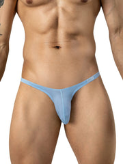 Clever Moda light blue Cronos briefs with thin side straps and a small brand tag worn by a man.