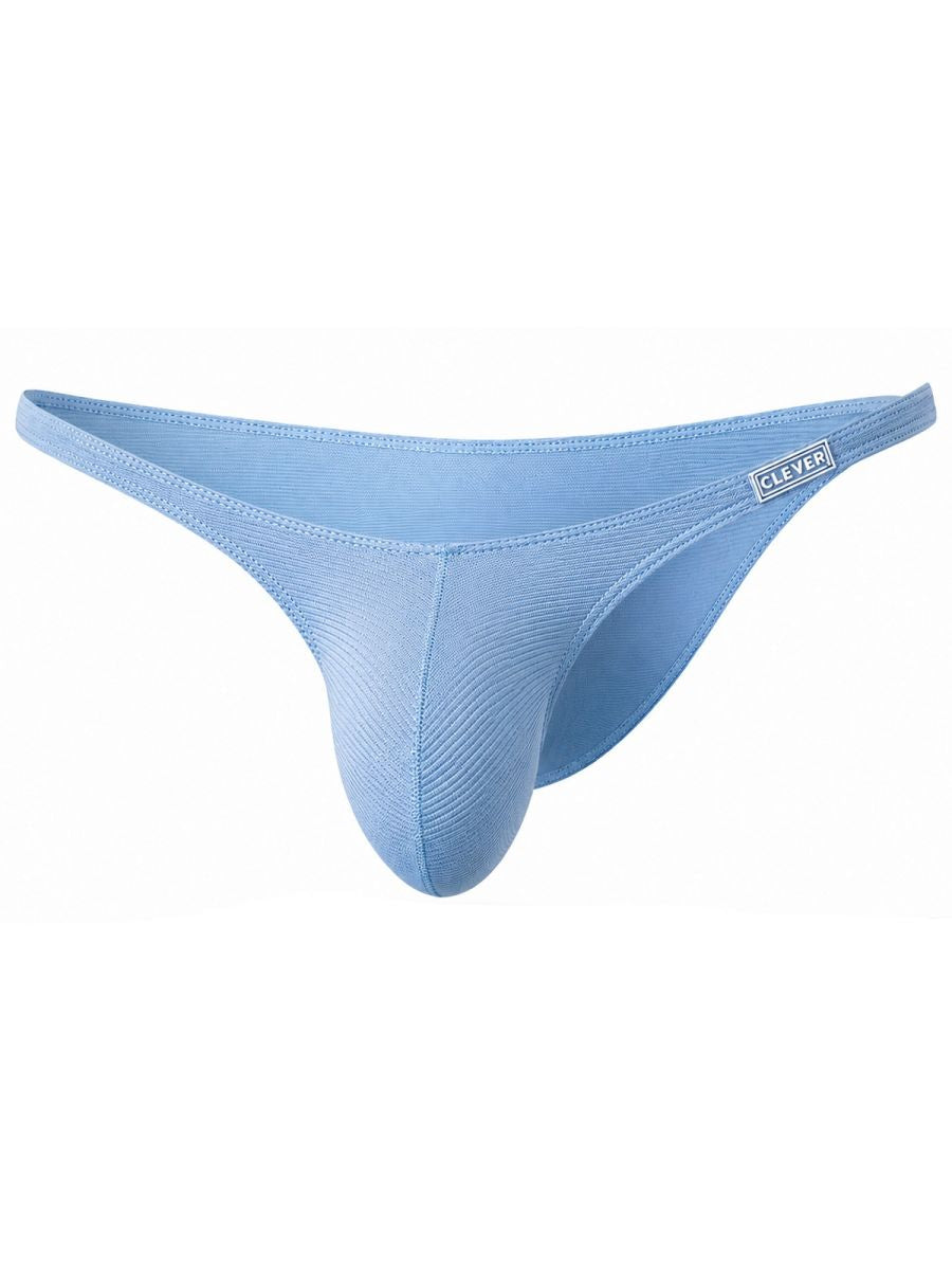 Light blue men's brief underwear with a ribbed texture and a small white Clever brand logo tag.
