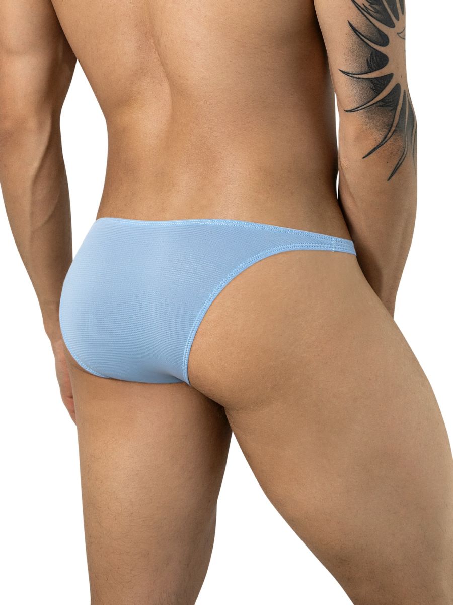 Rear view of a man wearing light blue Clever Moda Cronos briefs with a textured, ribbed pattern.