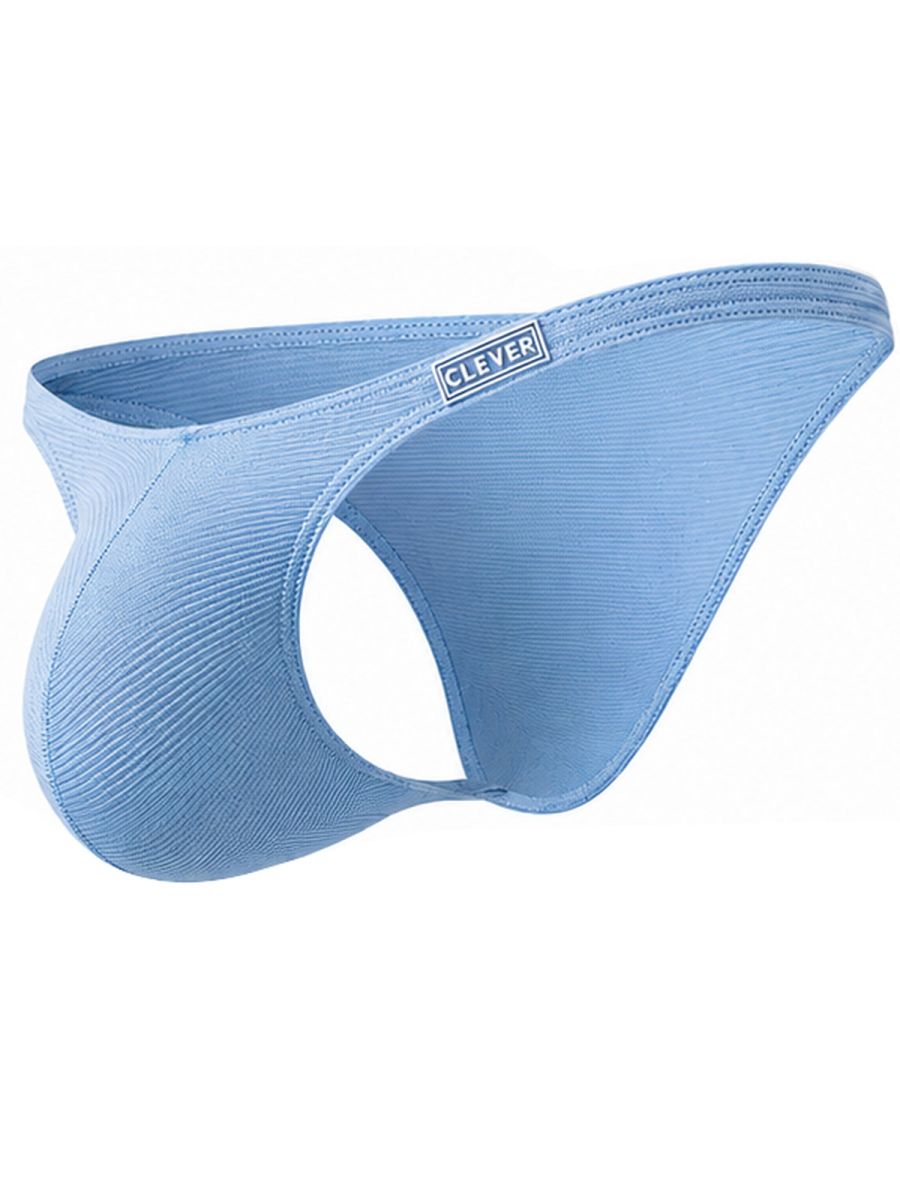 Light blue ribbed men's briefs featuring a minimal cutout design and white Clever brand logo on the waistband.