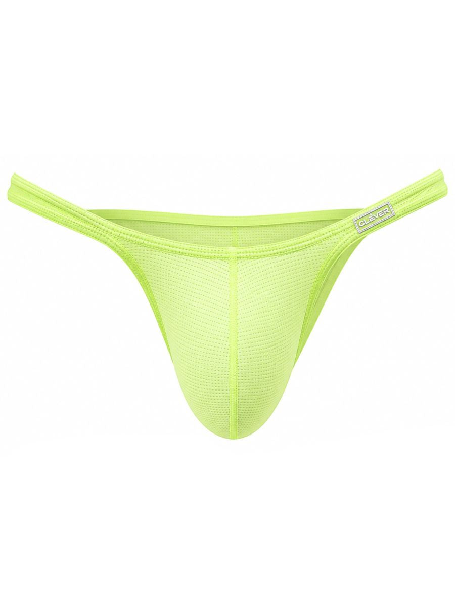 Neon green Clever Moda Cronos men's briefs in perforated mesh fabric with thin waistband and logo tag.