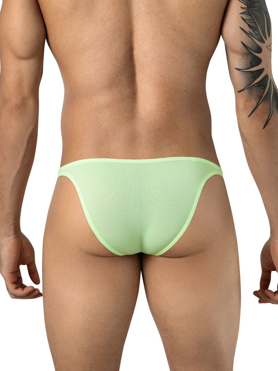 Rear view of a man wearing neon green brief-style underwear with a ribbed texture.