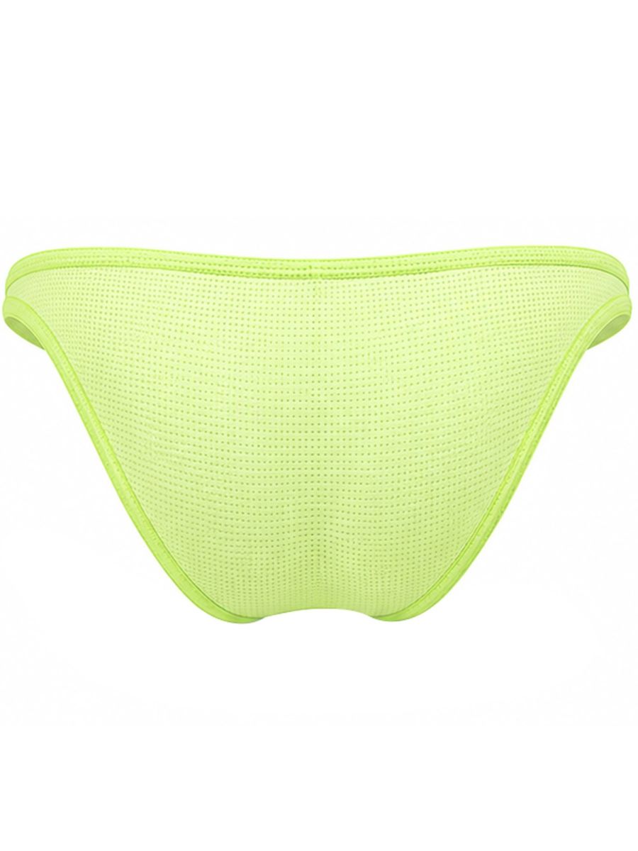 Clever Moda neon green Cronos briefs, back view showing textured mesh fabric.