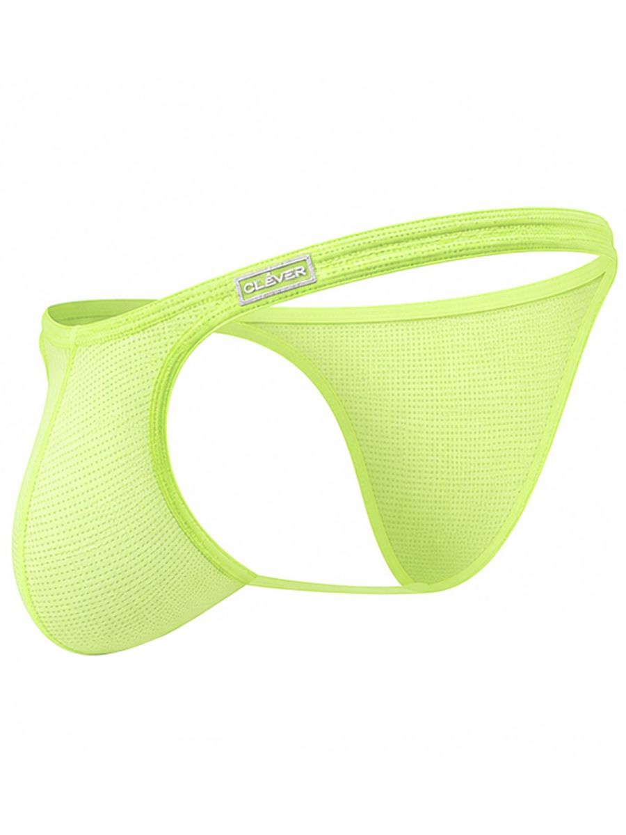 Neon green Clever Moda Cronos men's mesh briefs with logo waistband.