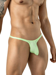 Clever Moda neon green low-rise mesh briefs on a male model.