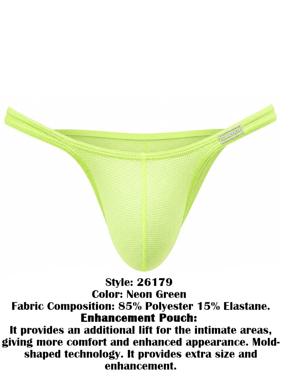 Clever Moda neon green Cronos briefs with mesh texture and thin side straps.