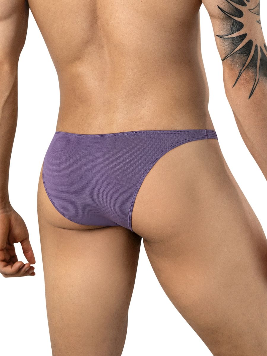 Rear view of a man wearing lilac brief-style underwear with a textured, subtle pattern.