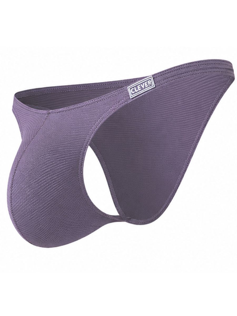 Lilac men's briefs with textured fabric, side cutout, and a small Clever logo label on the waistband.