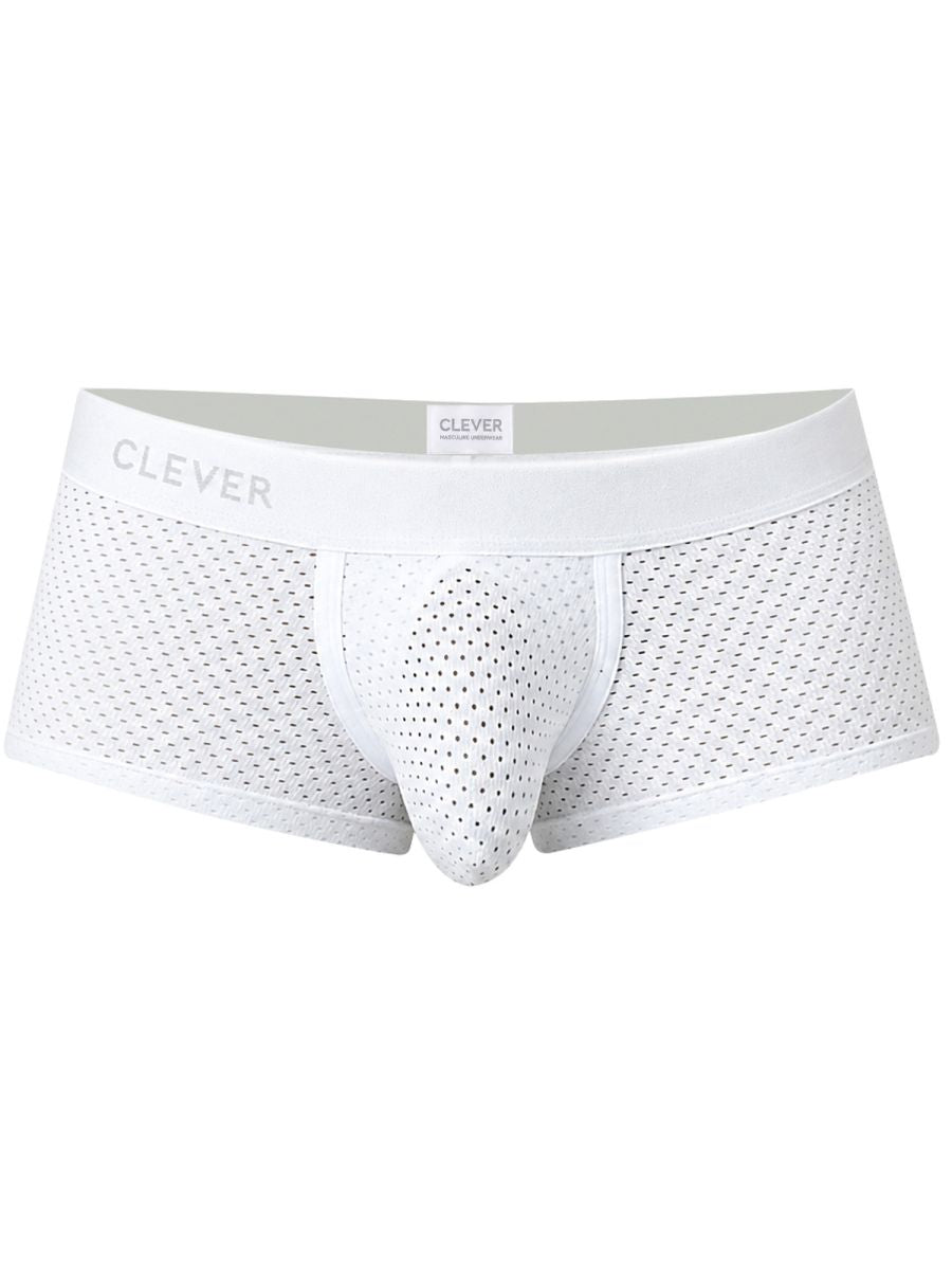White Clever Moda men's mesh trunk underwear with a contoured pouch and branded waistband.