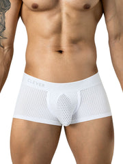 Clever Moda white mesh trunks with branded elastic waistband on a model.