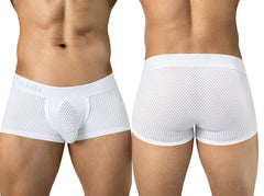 Clever Moda 26181 white mesh trunks with branded waistband, shown front and back.