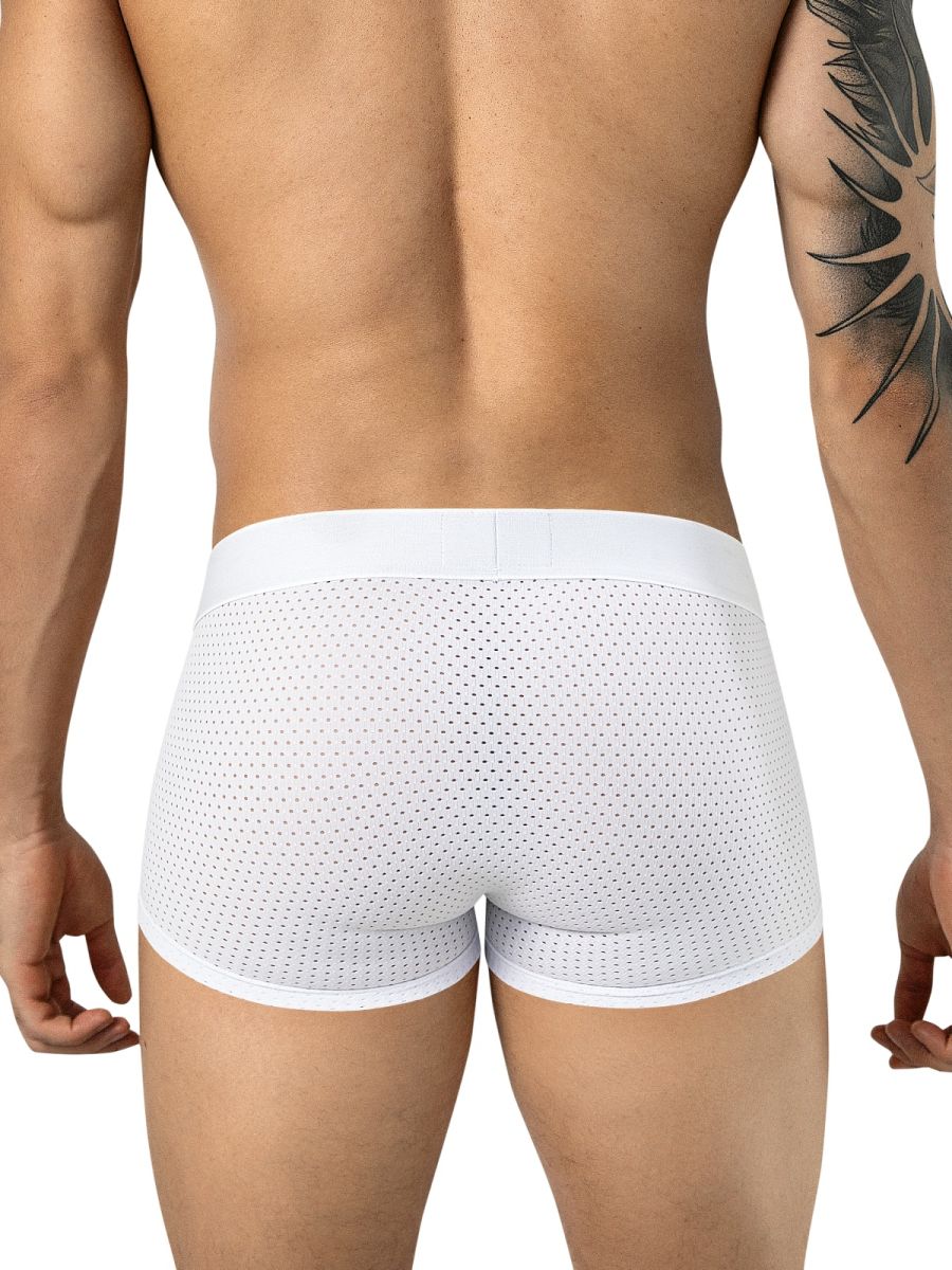 Rear view of a man wearing white Clever Moda Ulises trunks with a micro-mesh pattern and wide waistband.