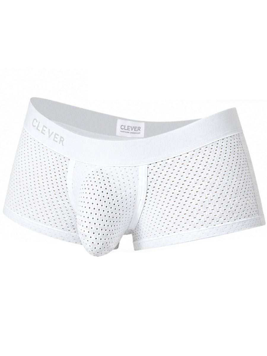Clever Moda white mesh men's trunks with a contoured pouch and branded waistband.
