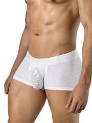 Clever Moda white mesh boxer brief trunks worn by a male model, featuring a wide waistband.