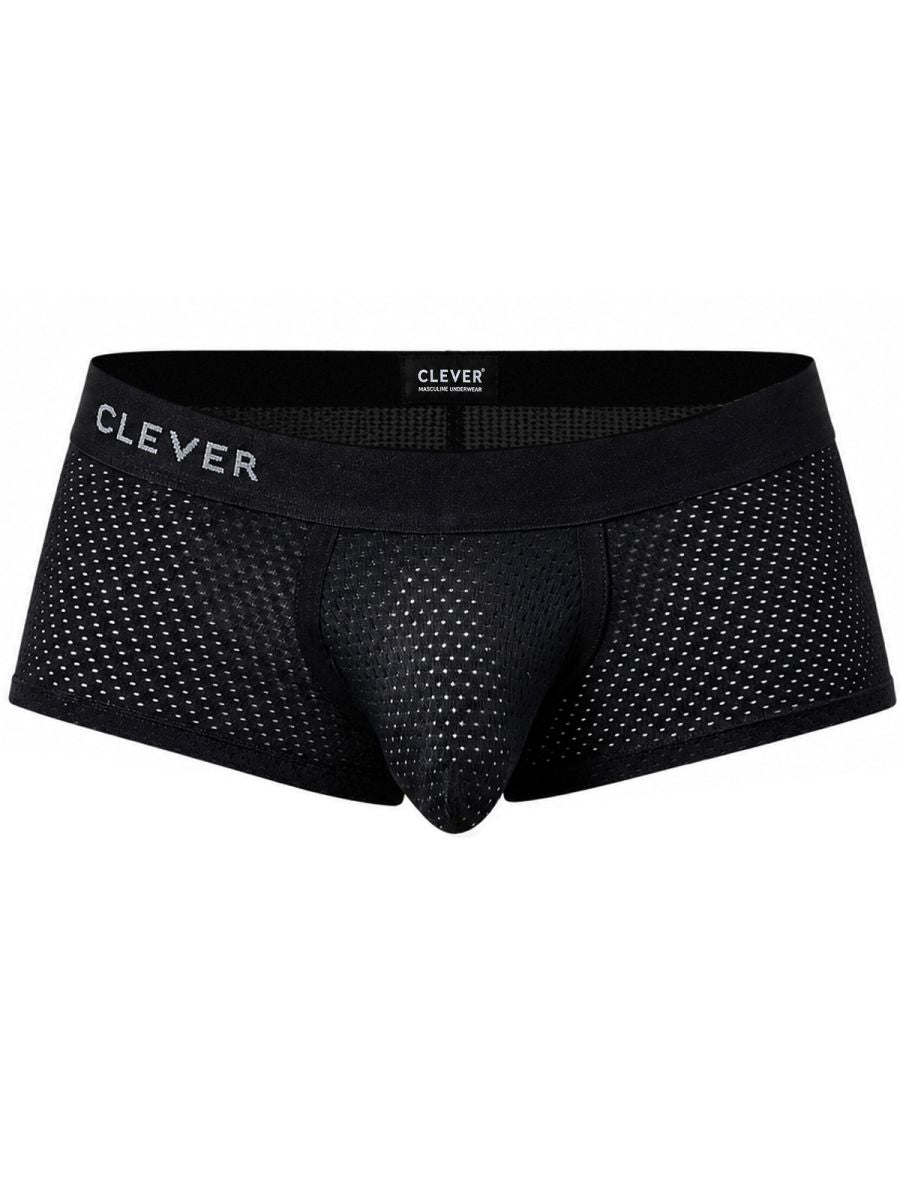 Clever Moda black mesh trunk underwear with logo waistband.