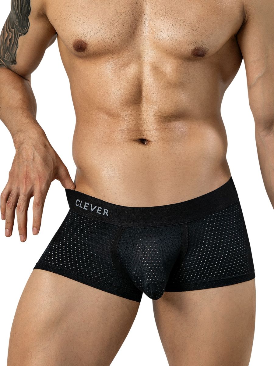 Clever black mesh trunks for men with a branded elastic waistband.