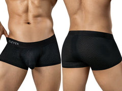 Front and back views of a man wearing black mesh trunks with a branded waistband.